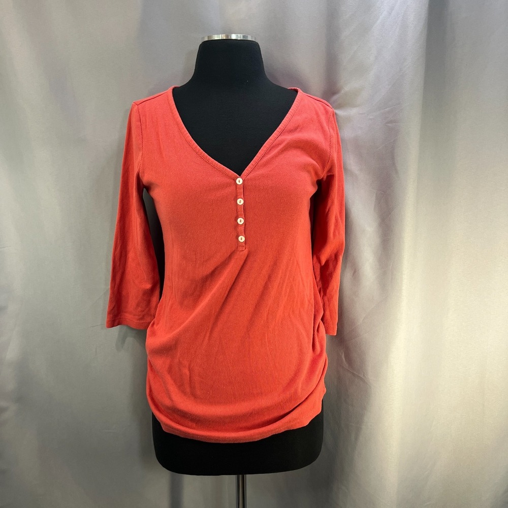 Old Navy Fitted Long Sleeve Henley Top Womens Small Vibrant Red Cotton Rib Knit